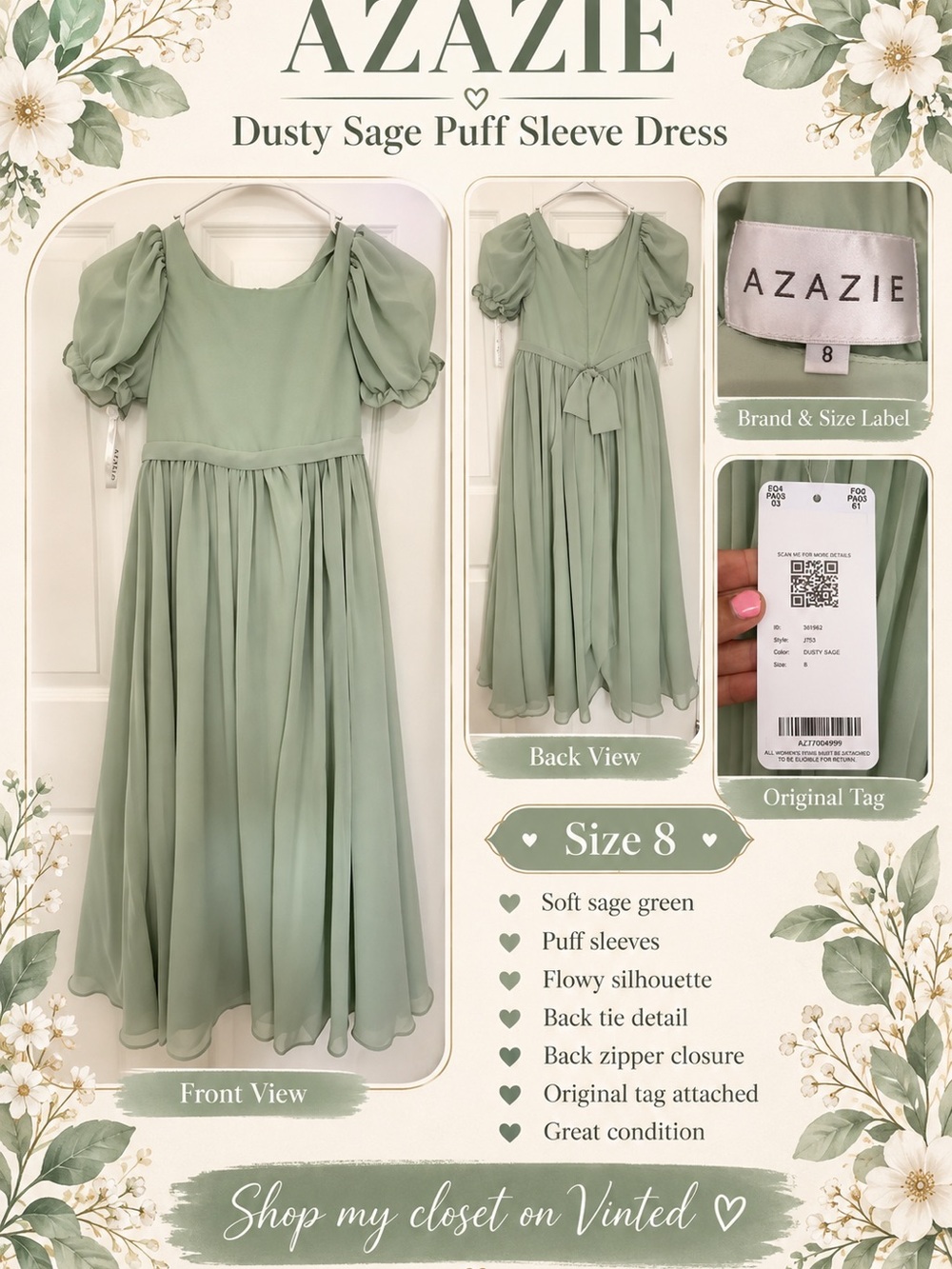 Azazie Sage Green Floral Jacquard Kids Dress with Puff Sleeves
